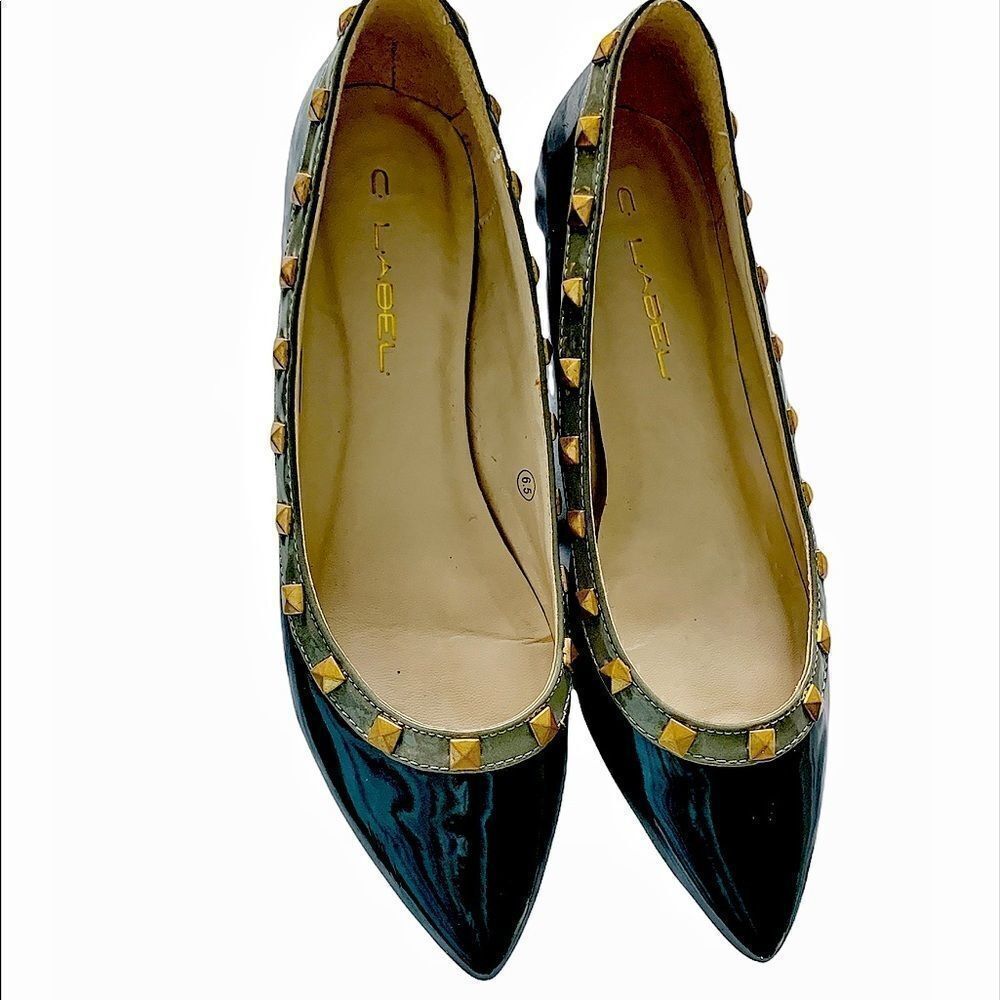 C.Label  Black Grey Patent Leather Rock Stud Flats 6.5